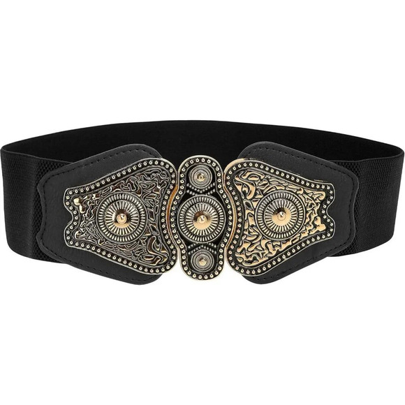 ❤️Women Black Butterfly Wide Elastic  Stretch Vintage Antique Retro Buckle Belt - Picture 1 of 5
